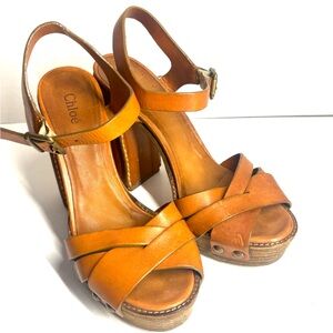 Chloé Maxime wedge sandals brown leather with a wooden platform Heels